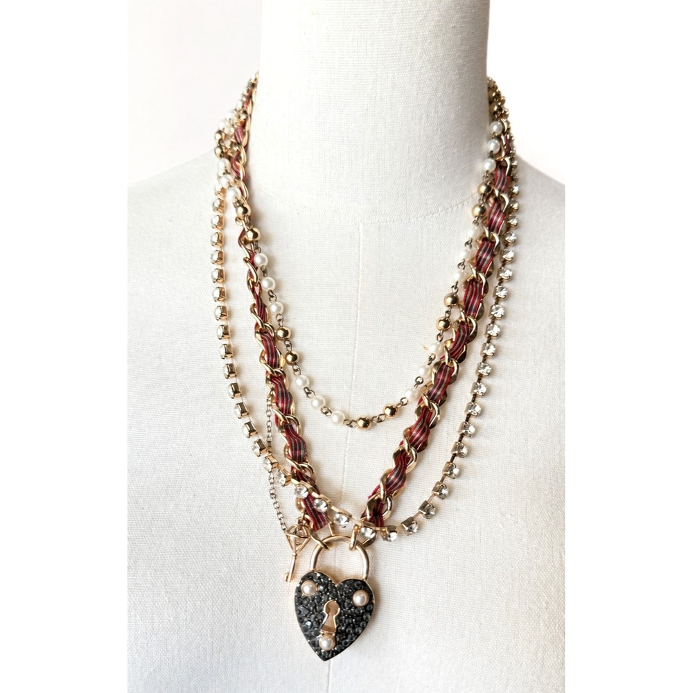 Betsey Johnson Torrid Plaid Heart Padlock Necklace Multi Strand Choker Punk Key